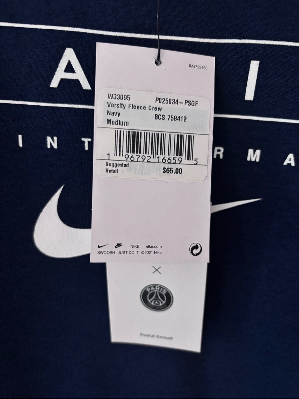 NWT Nike x Paris St. Germain navy blue crewneck sweatshirt medium exclusive PSG - Picture 2 of 7